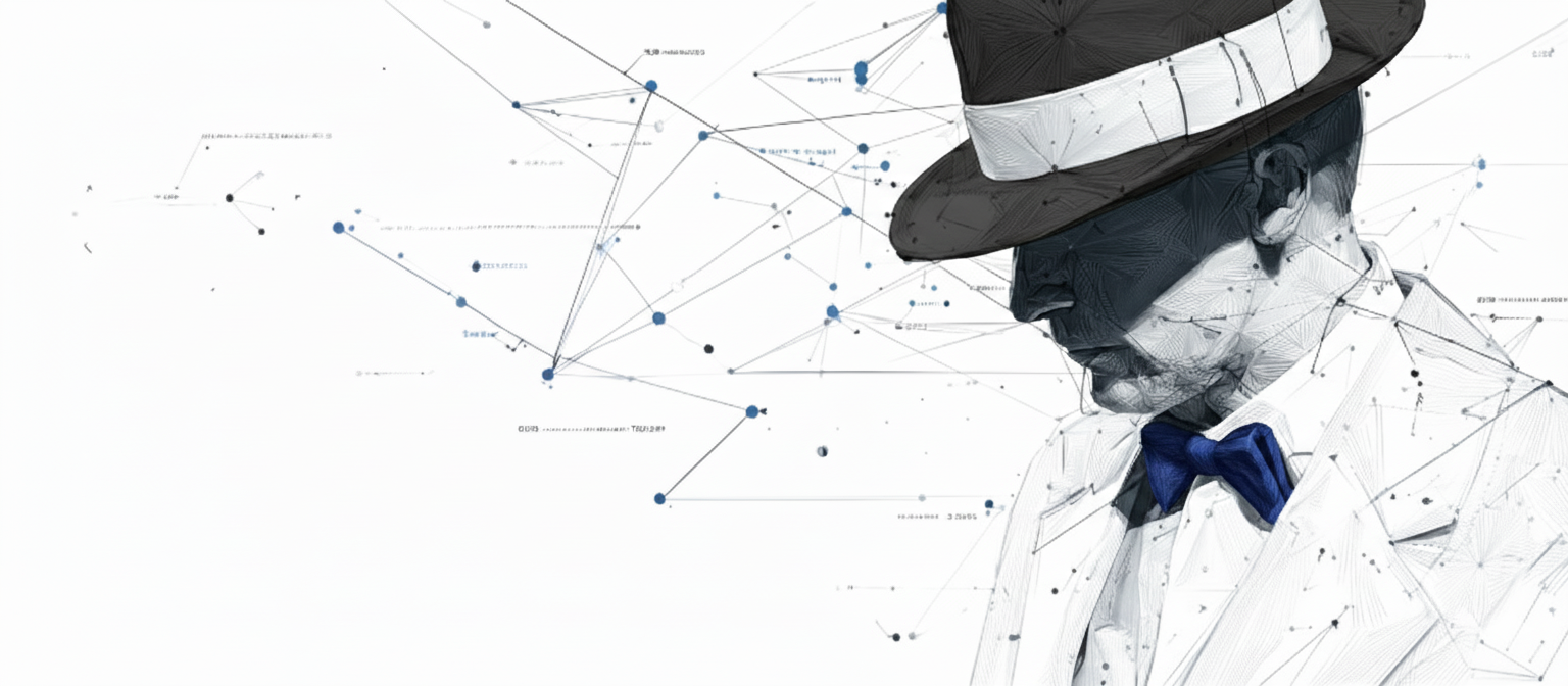 HatMax's gentleman in a hat and blue bow tie, drawn in black and white with fine connecting lines.